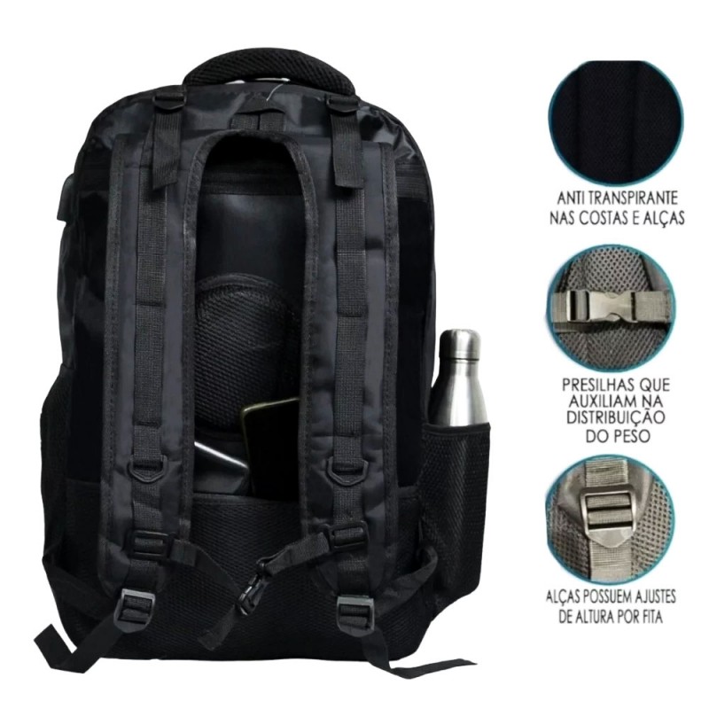 Mochila Reforçada Grande Faculdade Entradas P/ USB e Fone P2